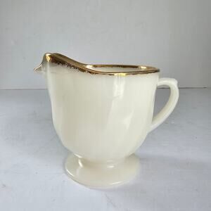Vintage Fire King Creamer Golden Anniversary White Swirl Milk Glass Gold Rim MCM